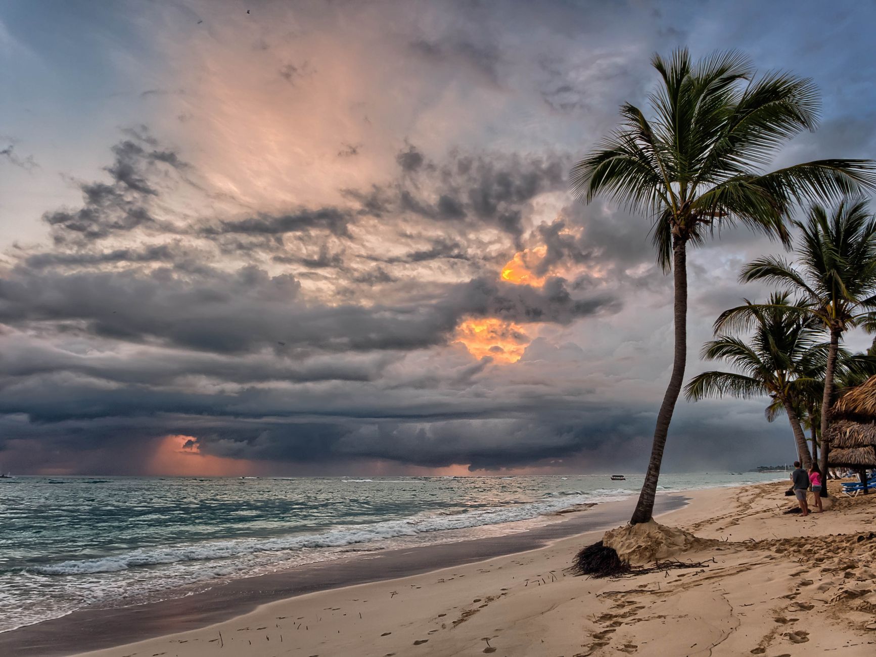 Dark storm clouds and swaying palm trees over a Florida-style beach in hurricane season
